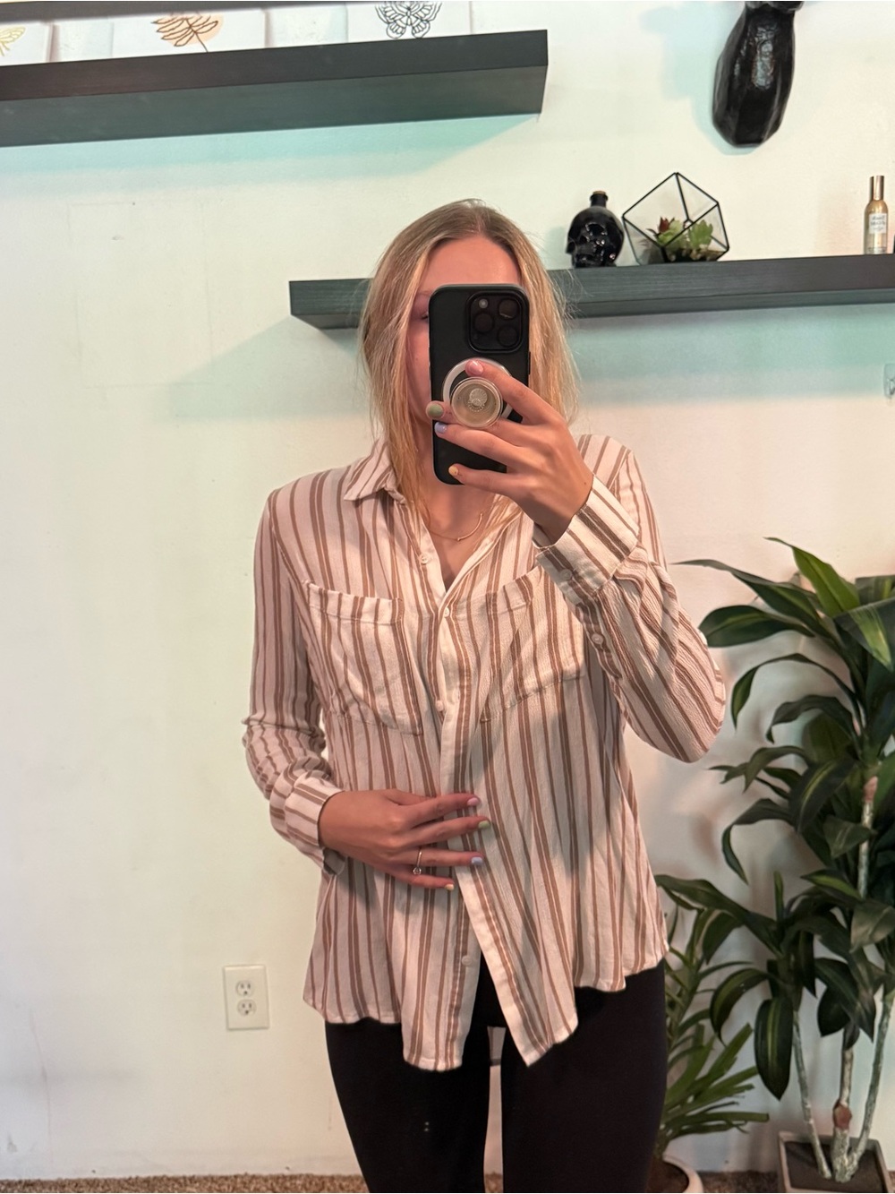 bp Striped Button-Down Shirt in Beige and White